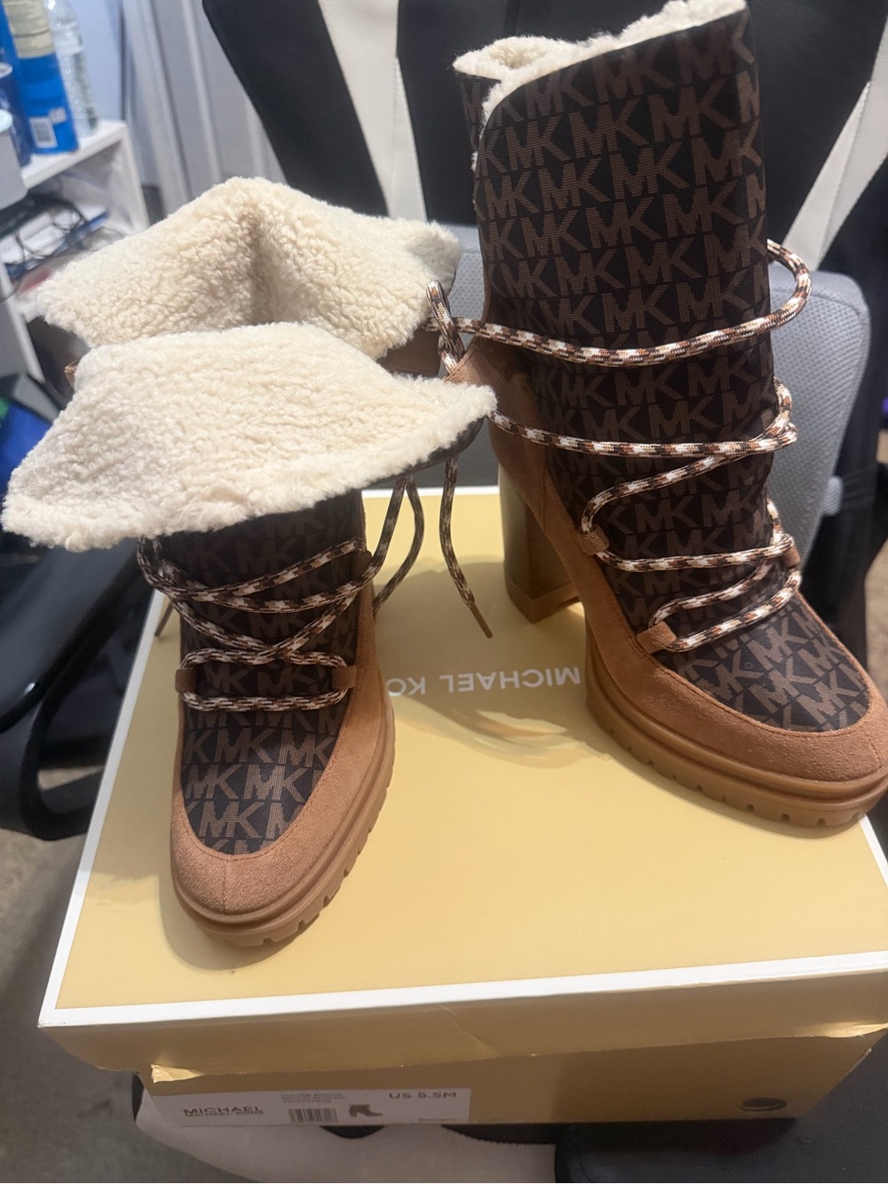 Michael Kors Brown MK Logo Shearling Lace-Up Block Heel Boots
